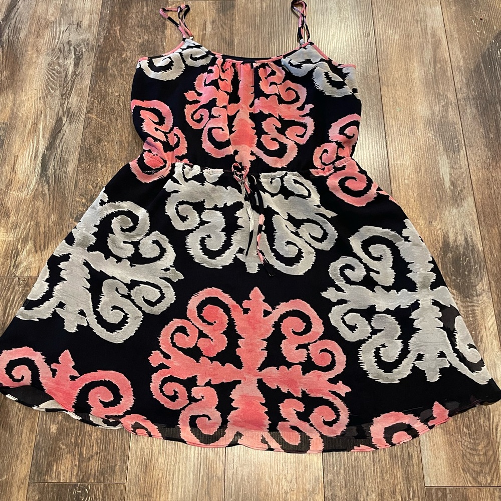 Banana Republic Navy Dress with Coral and Cream Scroll Pattern